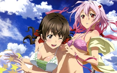 Summer - bikini, yuzuriha inori, long hair, menjou hare, 2girls, guilty crown