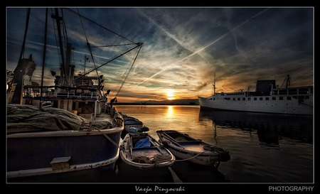 Sunset in the port - beauty, port, sunset, boat