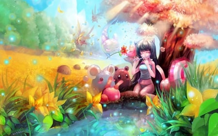 anime girl music animal - music, big grass, pond, girl, colors, animals