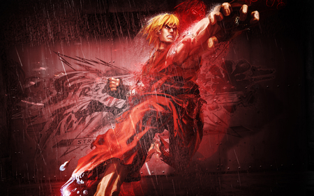 ken - headband, ken masters, ken, black hair, gloves, sack, blonde hair, clouds, anime, street fighter, muscles, video games, ryu