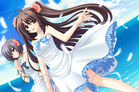 Asuka Watari & Yamashina Miyako - sky, ocean, long hair, water, yamashina miyako, asuka watari, bow, petals, clouds, ribbon, flowers, short hair, dress