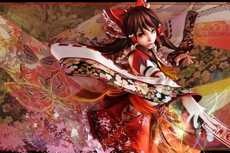 Hakurei Reimu - animated, female, girl, long hair, design, hakurei reimu, bow, anime, ribbon, flower