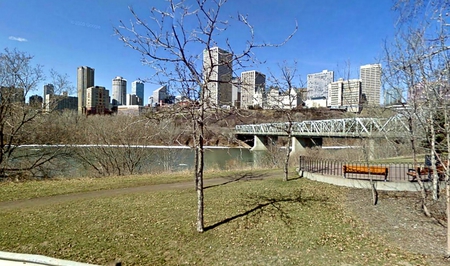 North Saskatchewan River - trees, water, grass, buildings, architecture, river, canada, sky, bridge