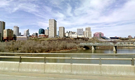 North Saskatchewan river - sky, trees, water, buildings, clouds, river, architecture, canada, bridges