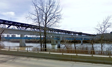 North Saskatchewan River - clouds, river, bridges, trees, water, canada, sky