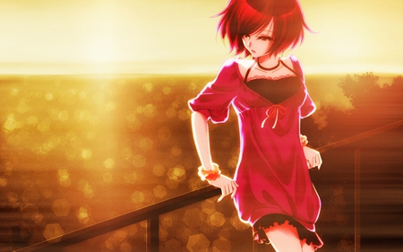 See Beyond the Sea - anime, delicate, beautiful, sea, ocean, gentle, dream, sunset, red, wistful, sky