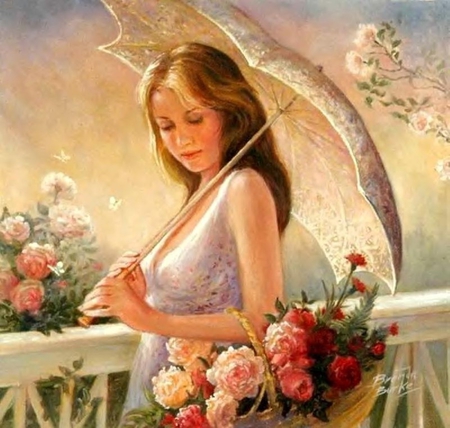 Need You Beside Me..  - roses, basket, umbrella, b, beautiful, painting, butterflies, girl