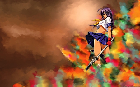 colors attack - attack, anime, female, school, girl, sword, colors, orange, uniforms, fight, cute, sexy