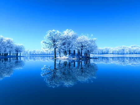 Winter frost - lake, sky, trees, water, winter, mirrored, view, forest, reflection, frost, blue, frozen, earth