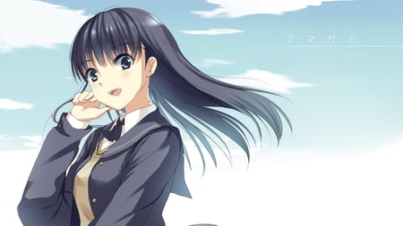 Ayatsuji Tsukasa - sky, girl, amagami, long hair, anime girl, ayatsuji tsukasa, school uniform, clouds, anime, smile