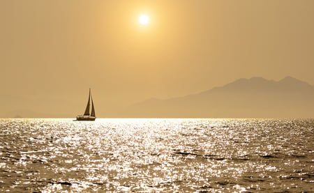 Shimmering Sea - shimmering, mountain, sun, sailing, golden, sea, boat