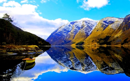 FISHING SPOT - boat, snow, lake, forest, mountain