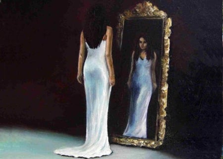 Searching For The Truth - truth, mirror, painting, woman, dress