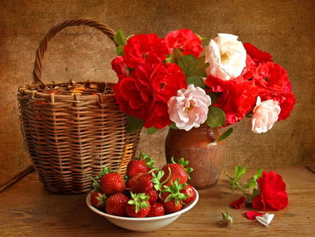 Still life - nice, roses, popular, photography, basket, still life, pretty, harmony, fruits, wallpaper, lovely, vase, abstract, strawberries, beautiful, red, flowers, plate