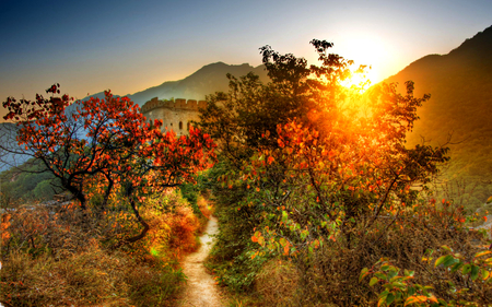 Simply Beautiful - pretty, scenery, scene, china, sunrise, light, sunrays, path, way, sunlight, house, beauty, colors, the great wall, mounts, nature, sunset, blue, splendor, landscape, grass, photo, home, leaves, view, the great wall of china, sky, sun, castle, clouds, branches, trees, beautiful, photography, lovely, tree, colorful, rays, mountains, peaceful