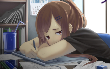 â™¦ Cute Anime Girl â™¦ - desk, pages, pad, bookshelf, brown hair, anime girl