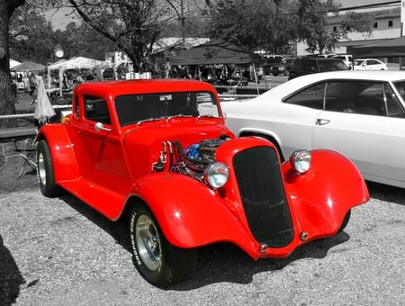 Hot Rod in Red - white, red, cars, black, antique