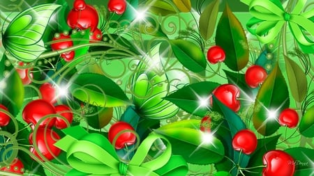 Cherry Harvest Time - stars, spring, fruit, cherries, butterfly, bow, red, green, tree, ribbon, sparkles