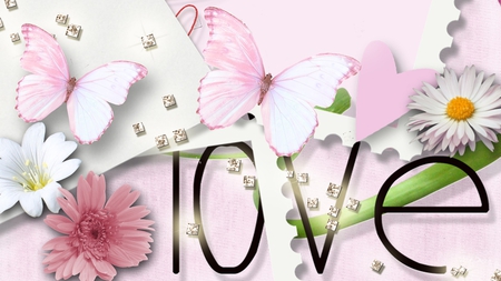 True Love - love, jewels, abstract, romantic, pink, valentines day, paper, flowers, butterflies