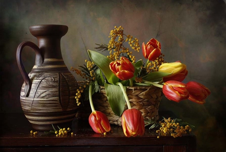 Still life - pretty, amazing, great, photo, flowers, red, nice, pot, beautiful, photography, beauty, colors, lovely, cool, still life, flower, tulip, bouquet, jug, harmony, basket, tulips