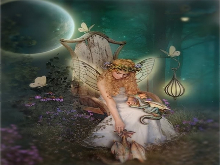 MAGICAL NIGHT - moon, female, fireflies, night, forest, magical, lantern, dragons, wings, fairy