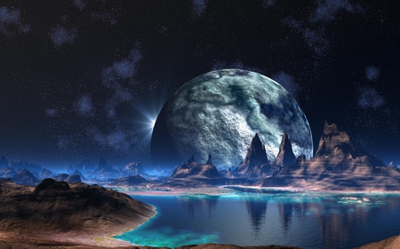 Fantasy Landscape - sky, fantasy, water, moon, planet