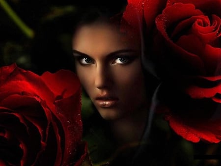 Pretty face in red rose - pretty face, faces, girl, bloom, delicate, bud, rose, lovely, plants, nature, pretty, blossoms, flowers