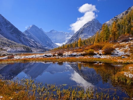 Mountains - lake, sky, autumn, winter, mountains, nature, fall, reflection, mirror, clouds, clue, snowy