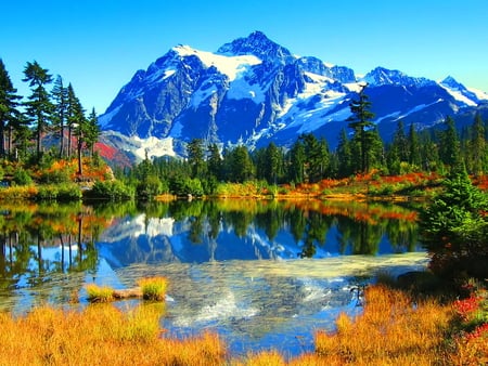 Mountain and lake - lake, sky, autumn, mountain, sun, winter, fall, reflection, blue, seasons, snowy