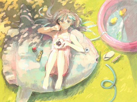 Hatsune Miku - kekan, duck, vocaloid, twintails, food, hatsune miku, long hair, animal, summer dress, aqua eyes, barefoot, aqua hair, fish