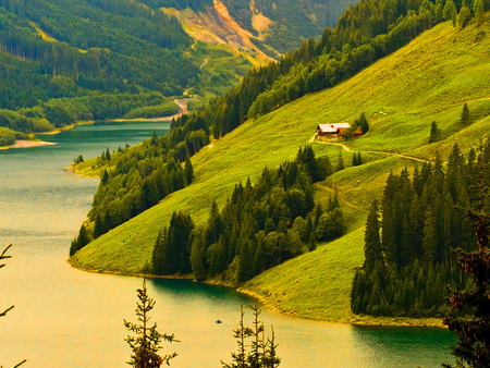 A house on mountain slope - house, trees, water, beautiful, slope, mountain, nature, view, green, lake