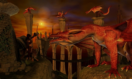 Keepers of the Temple - alter, saber tooth tiger, tiger, wide screen, cg, fantasy, dragons, woman, 3d