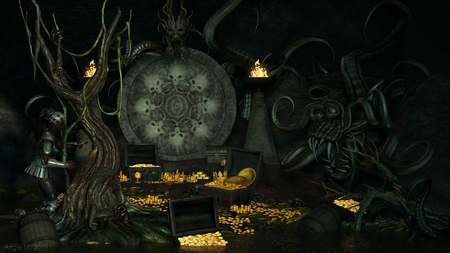 The Thief - cave, water, monster, temple, cg, creature, fantasy, treasure, gold, 3d