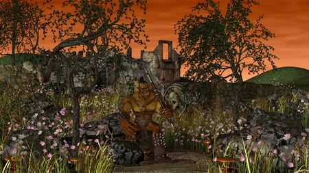 The Ruins - orc, creature, dg, ed, ogre, flowers, widescreen, sunset