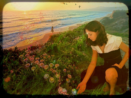 Sun Seekers - women, reflections, sunshine, landscape, seascape, flowers, waves