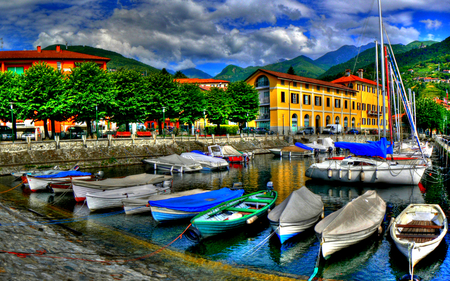 Beautiful Place - colorful, road, port, view, reflection, sunny, boat, building, boats, sailing, buildings, nature, beautiful, sea, beauty, sky, trees, harbour, italy, sailboats, peaceful, water, mountains, clouds, architecture, green, tree, house, ocean, houses, cars, lovely, italia, town, splendor, colors, sailboat