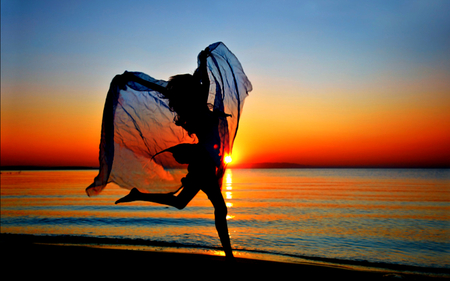 Silhouette - pretty, summer, female, legs, silhouette, sand, happy, dancing, sunlight, summer time, beauty, colors, hair, hands, lady, nature, sunset, beach, splendor, reflection, view, sky, sun, clouds, beautiful, sea, girl, lovely, ocean, hand, woman, dance, peaceful