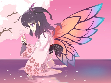 Butterfly - girl, trees, wings, long hair, cherry blossom, ptals, butterfly, anime, kimono