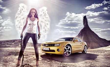 Chevrolet Camaro - girls, model, models, brunettes, camaro, western, cool, yellow, chevrolet, angels, female, desert, whips, speed, style, women, chevy, black stripes, cowgirls, brunette, bowtie, car, lady, fun, woman, boots, fashion, your car, chevrolet camaro, outdoors, sky, zl1, ss, angel, sunshine