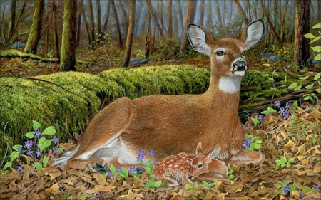 Deers - animal, deer, painting, nature, art, grass