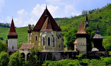 Church of Berethalom - mountain, trees, berethalom, church, romania, european, architecture, medieval, biertan, transylvania, europe