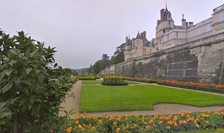 Chateau d'Usse - ancient, lawn, france, chateau, flowers, grass, old