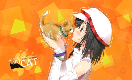 Anime girl with a hat - kitten, hat, cat, anime, hair, girl, woman