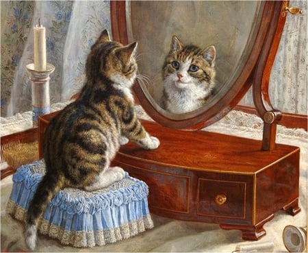 Frank Paton. What a beauty! (DETAIL) - beauty, painting, art, cat, mirror, kitten, frank paton