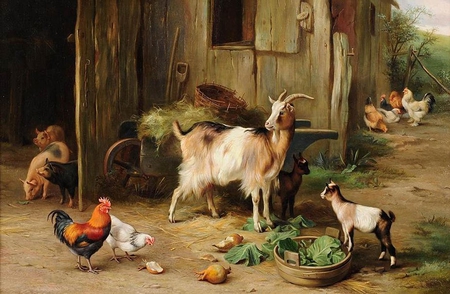 By Edgar Hunt - pig, hen, painting, edgar hunt, farm, art