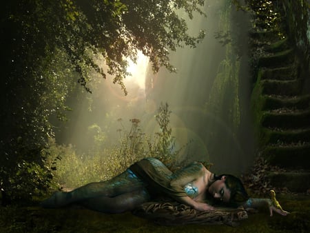 Sleeping Beauty - cgi, fantasy, babe, sleep, nature, beauty, tree