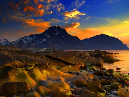 Sunrise over the sea - beach, sky, sunset, rocks, nature, clouds, waters, stones, golden, sunrise, sea