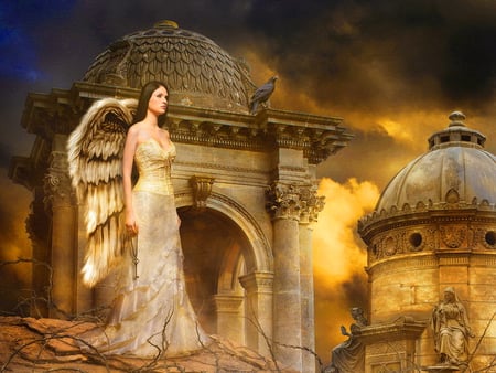 Angel in the night - woman, sky, lady, angel, girl, wings, night, raven, church, mistress, golden