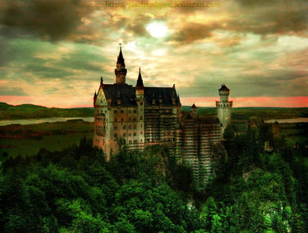 Neuschwanstein castle - bavaria, castle, neuschwanstein, sunset, germany