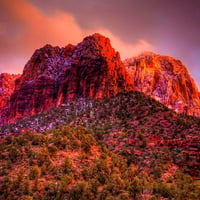 Red mountain on red sky background